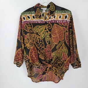 Sitting Pretty Vintage Blouse Women's Large Floral Geo Print Shoulder Pads Sheer